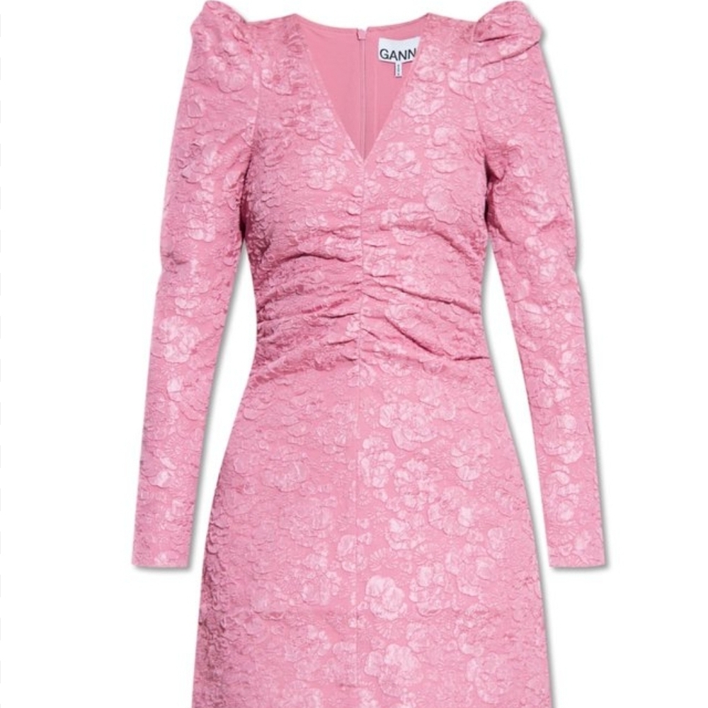 NWT Ganni Long Sleeve Jacquard Pink Floral Dress